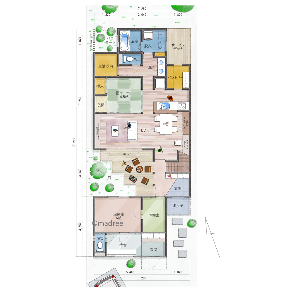 中庭デッキでプライバシー確保、治療院兼用の家