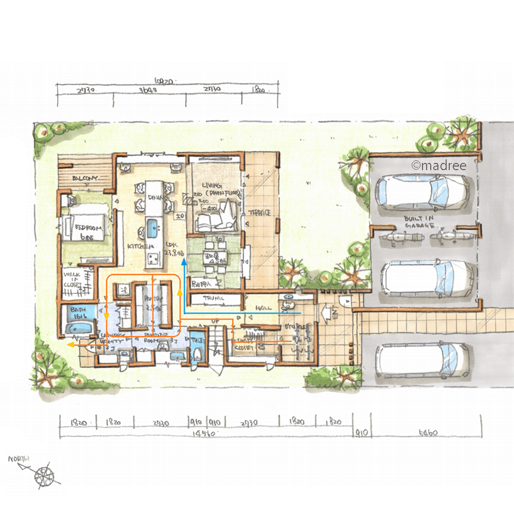 ピットリビングとリビング吹抜で縦に広がる開放感、段差を生かした空間変化のある家