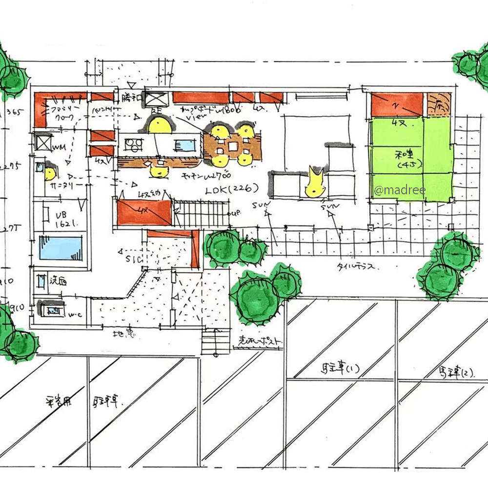 ホテルライクな自宅リゾート空間、自然の光で目覚める寝室吹抜のある家