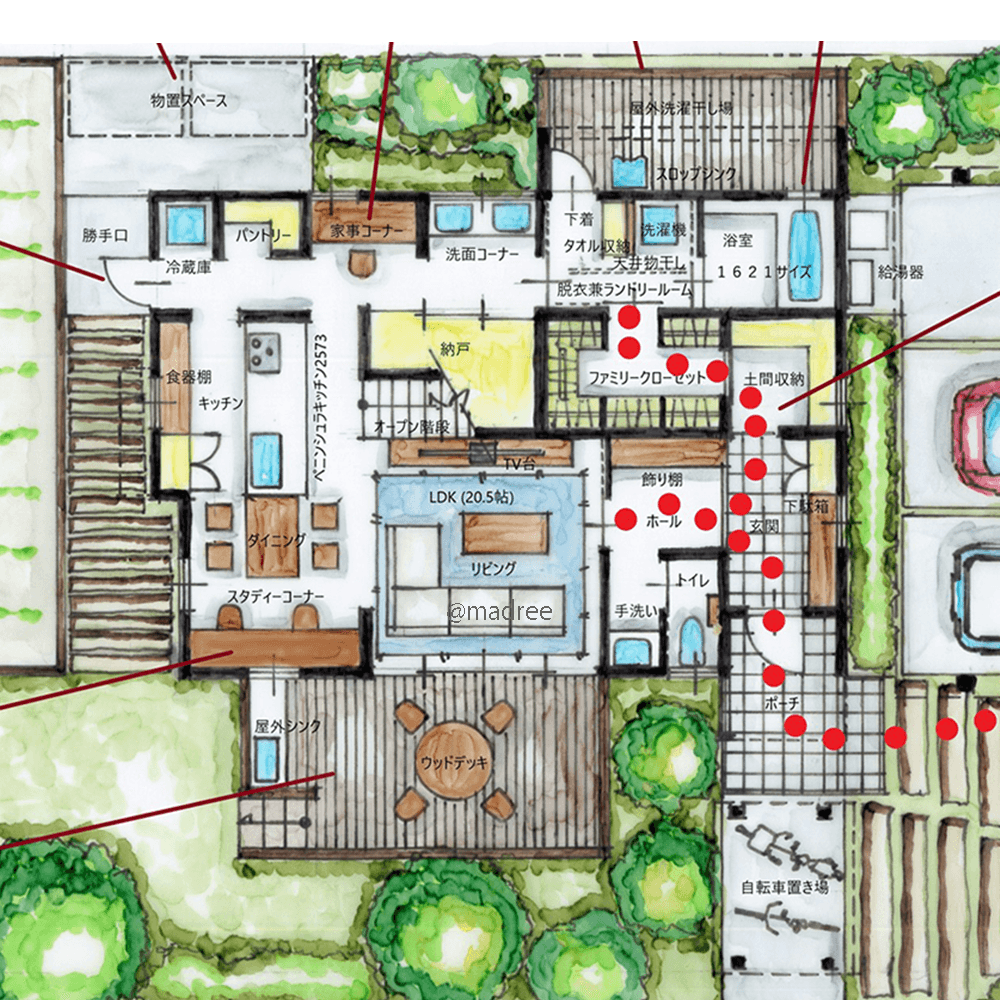玄関が散らからない家族の裏動線、2箇所の収納経由で自然と片付く家