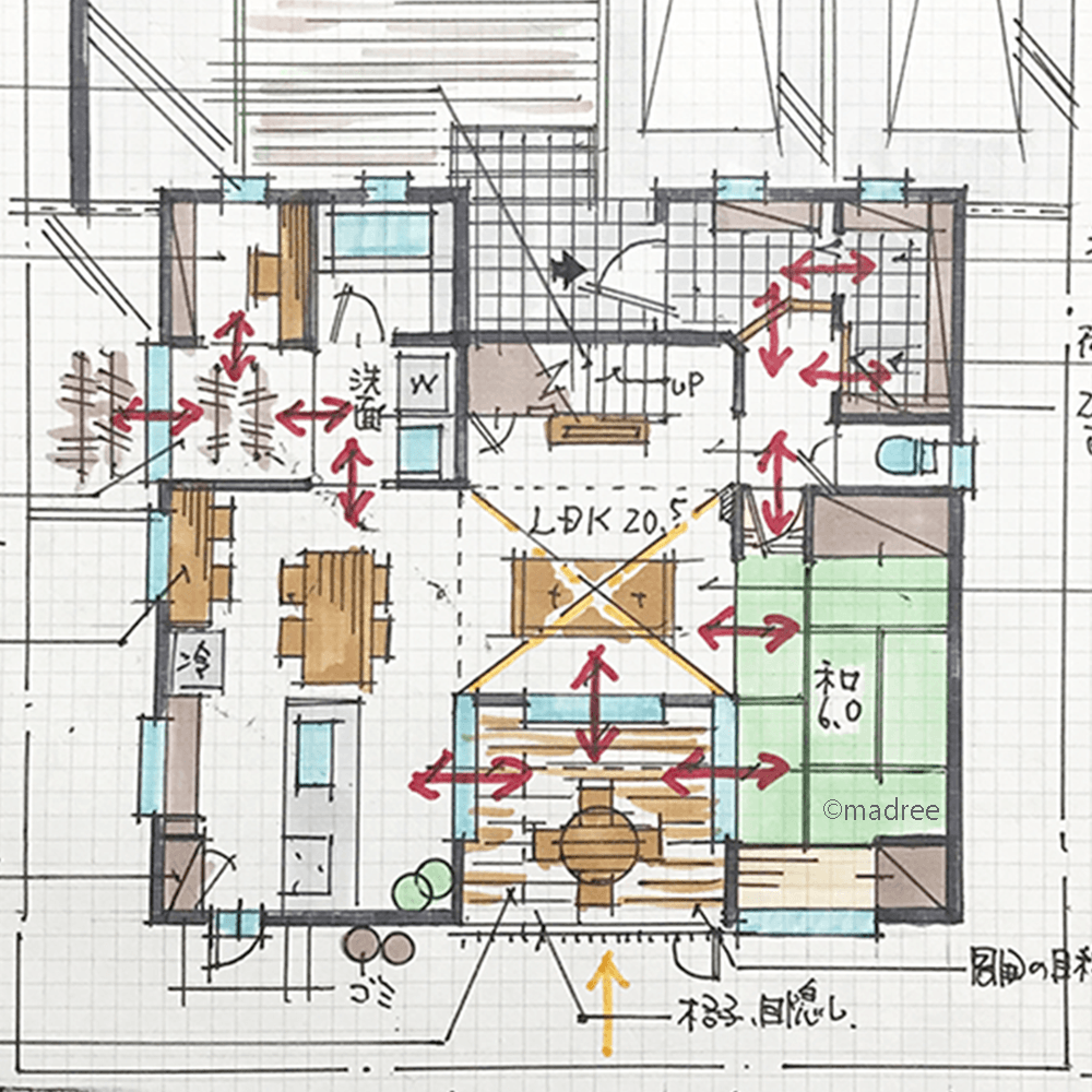 縦横広がる大空間リビングで家族憩う、隣家の視線カットしたコの字の家