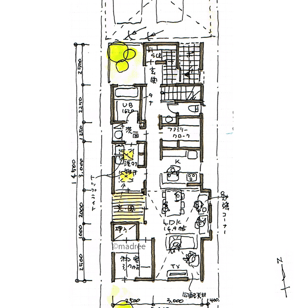 縦長の家に自然の明るさを届ける、屋内外を繋ぐ光庭が家事も生活も快適にする家