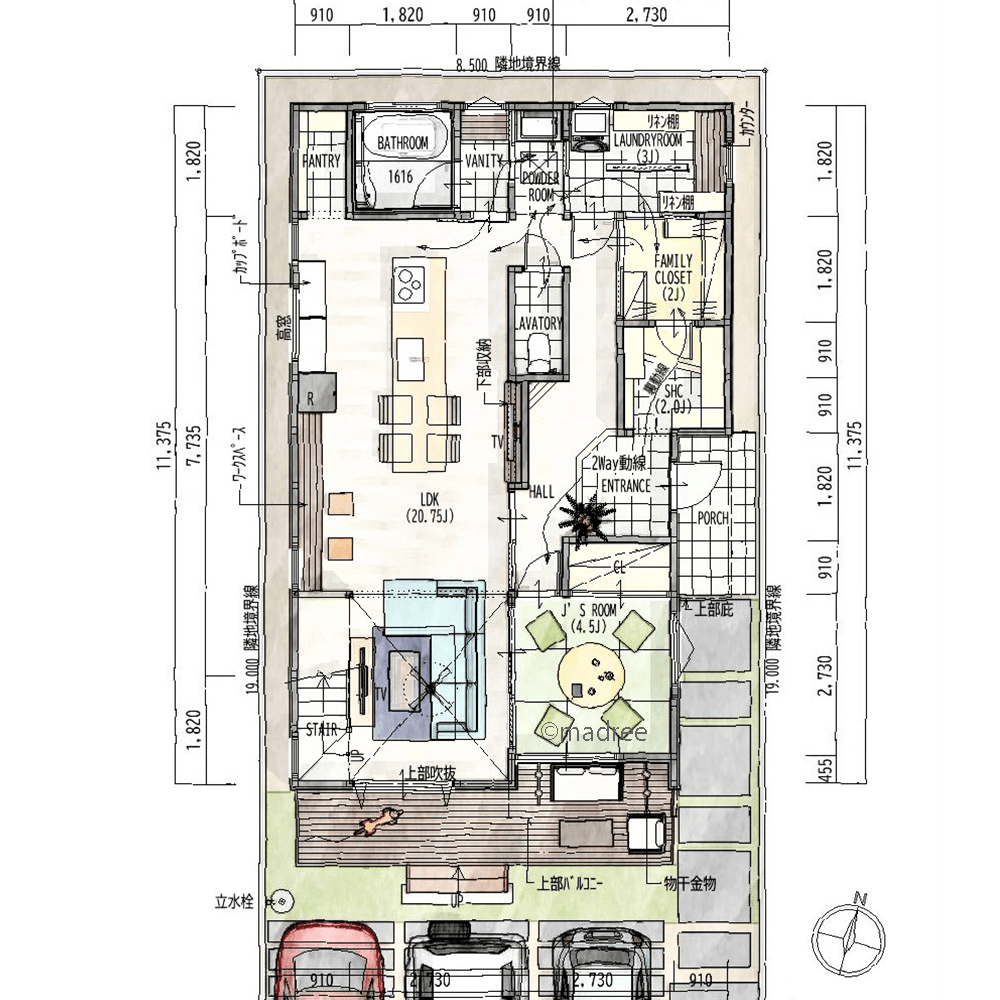 L字で繋がる家族のスムーズ帰宅後動線、整えながら浴室へ直行の家