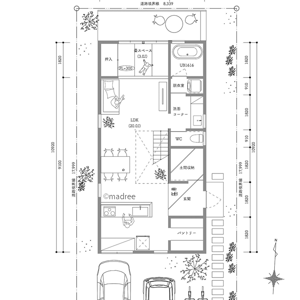 キッチンから屋外まで縦長く一望、上にも奥にも視界の抜ける広がりを感じる家