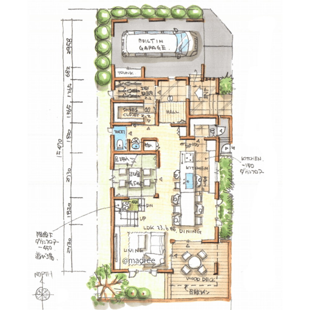2階水廻りでLDK空間ゆったり、キッチン床を下げた縦の広がりを感じる家