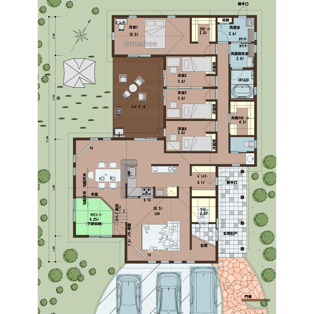建物を南北でON/OFFゾーン分け、中庭ウッドデッキで生活が繋がる平屋