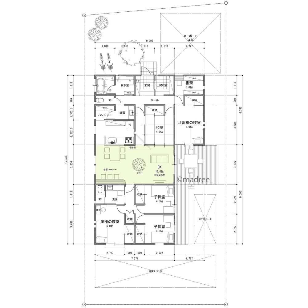中心のLDKで家族集う、異なる生活時間に配慮した平屋