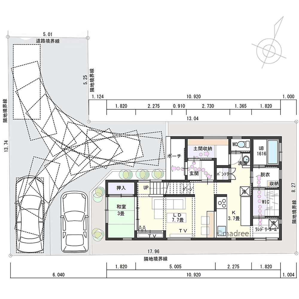 旗竿地を生かして回転駐車、アプローチが屋外プライベート場になる家