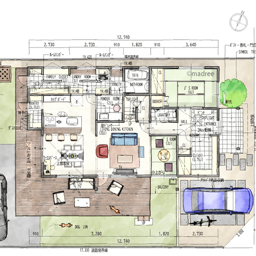 ボーダーレスのワイドデッキで愛犬とのびのび過ごす、内外つながる回遊動線の家