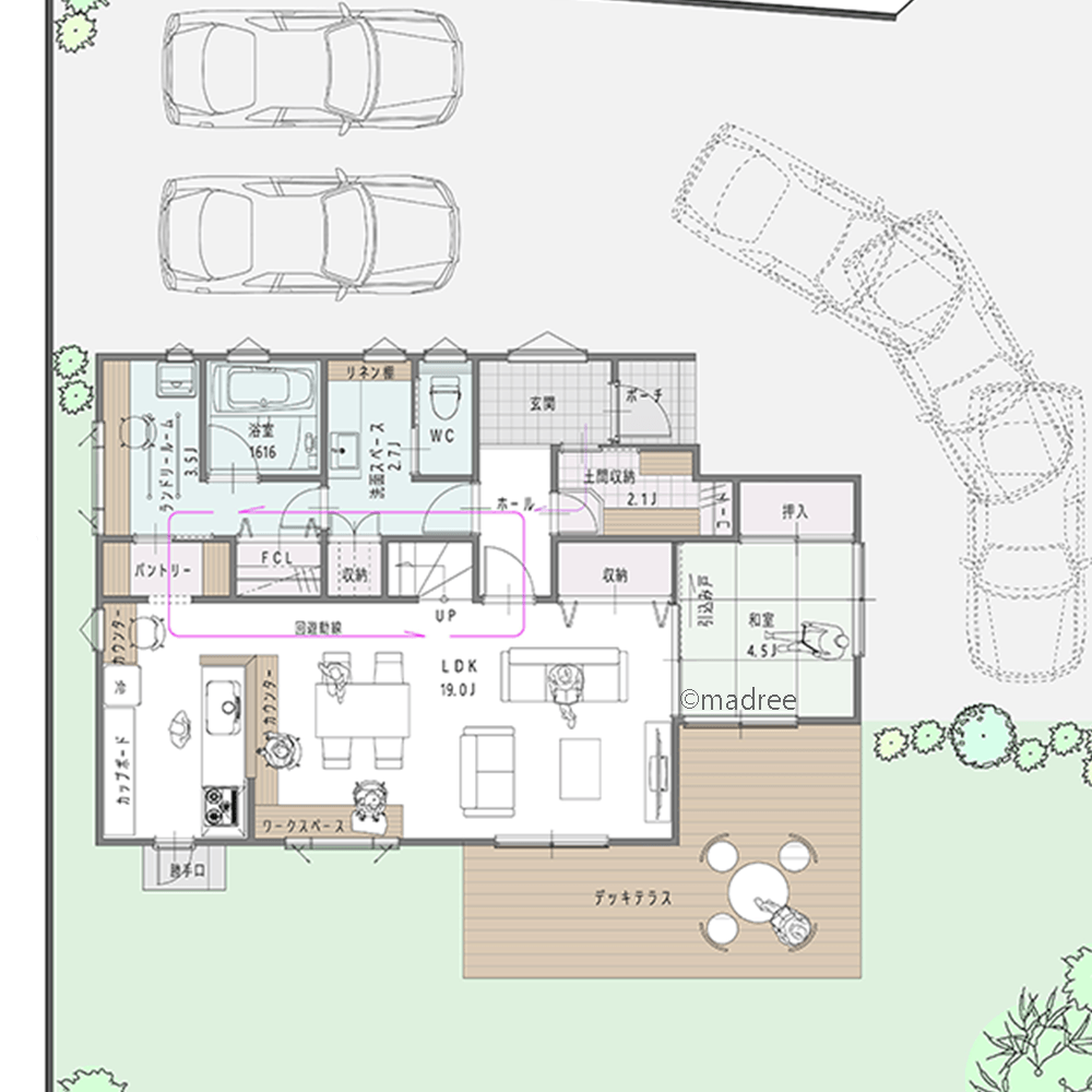 パントリーを介して水廻りへアクセス、家事も生活も回遊動線でLDKと繋がる家
