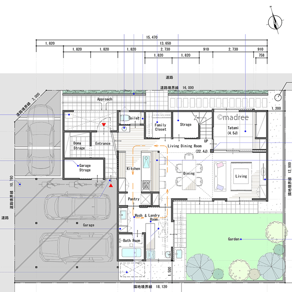 コンパクト動線が家事ラクのポイント、回遊しながら水廻りを行き来できる家