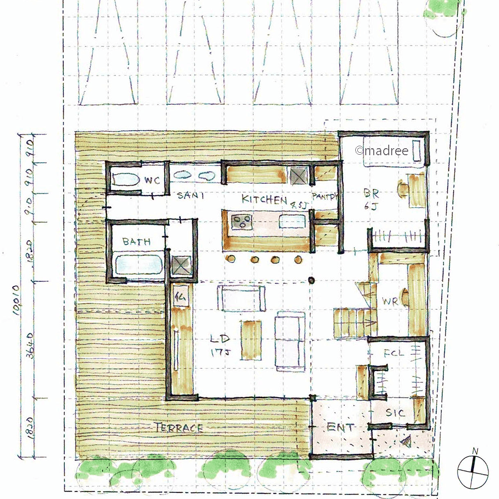 繋がるコの字テラスで楽に出入り、愛犬も充実のプライベート時間過ごす家