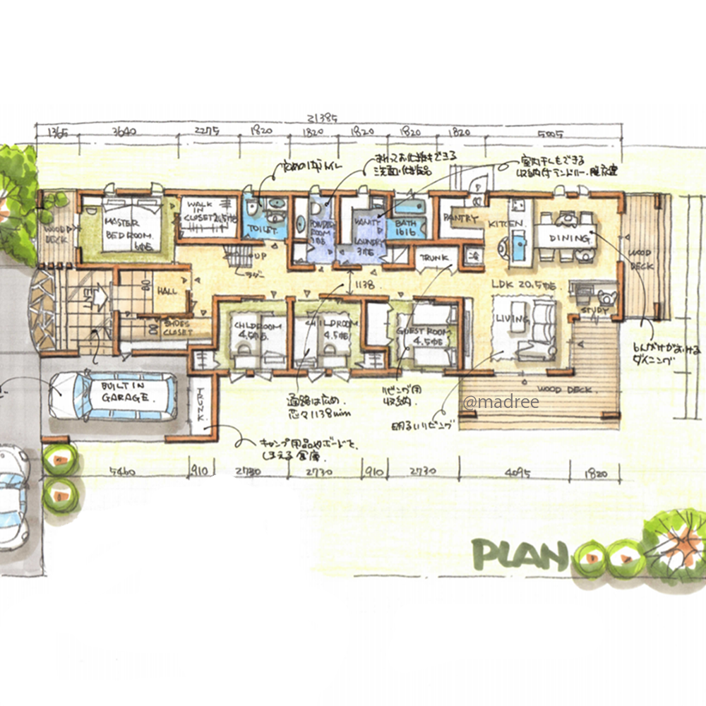 玄関付近に個室を配置し、家族がいつでも寛げるリビングの平屋