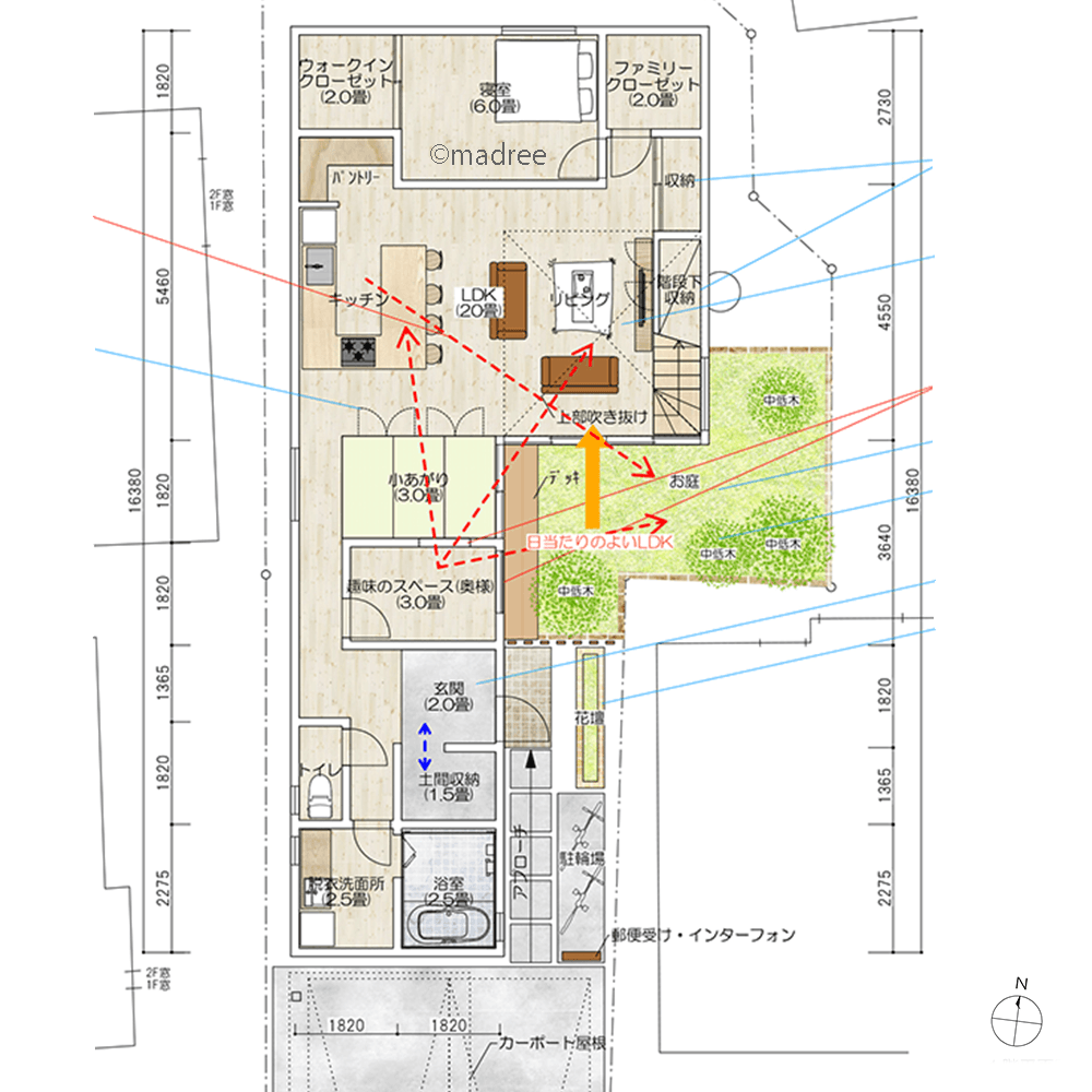 趣味時間を活き活き過ごす、外とつながる明るく開放的な旗竿地の家