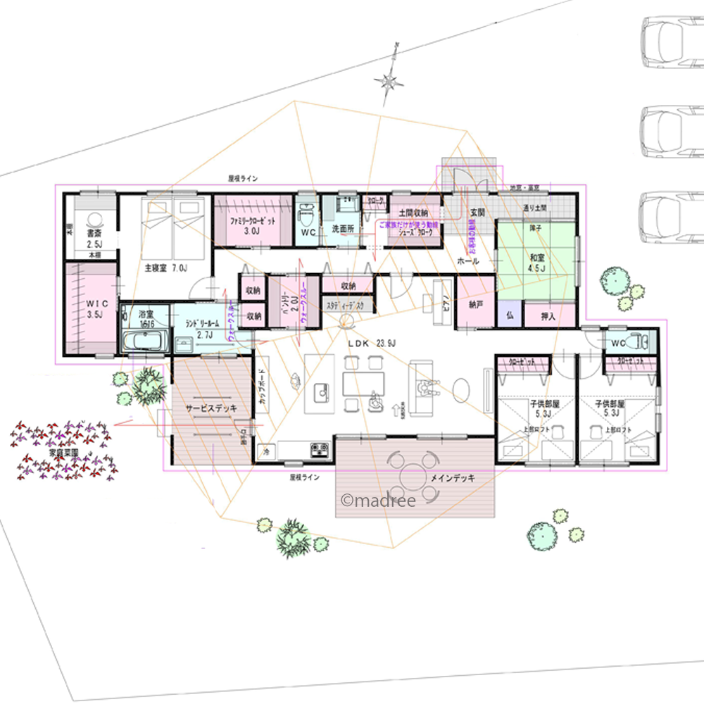 ウォークスルーで家事捗る、分割キッチンで料理楽しむ平屋