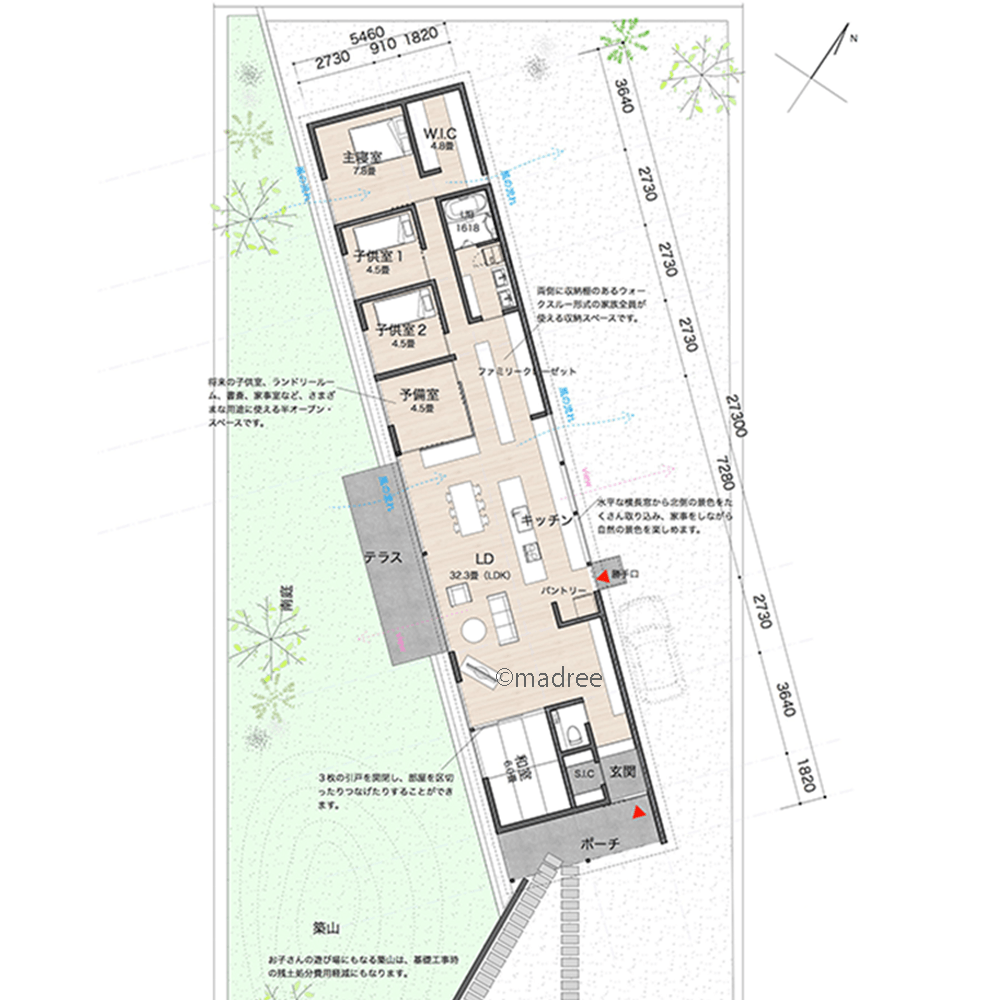 玄関から居室まで縦に長く一直線、日常とプライベートをシンプルに繋ぐ平屋