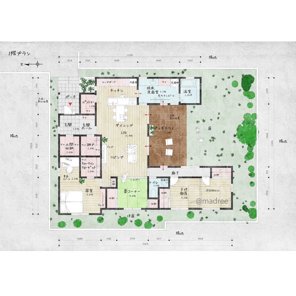 開放的に繋がりプライバシー確保、家族が自然と集う明るいLDKのある平屋
