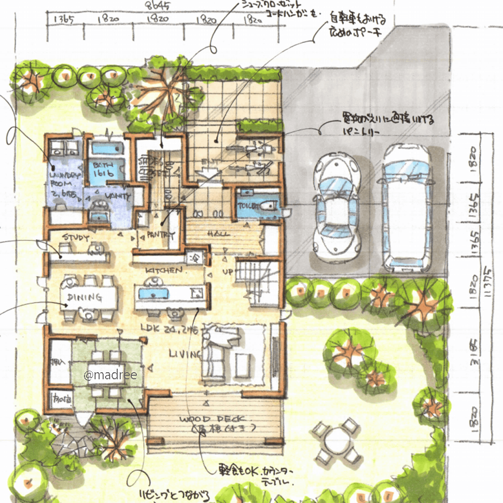 豊かな緑と大きな吹抜で魅せるLDK、全方向に好アクセスのキッチン中心の家