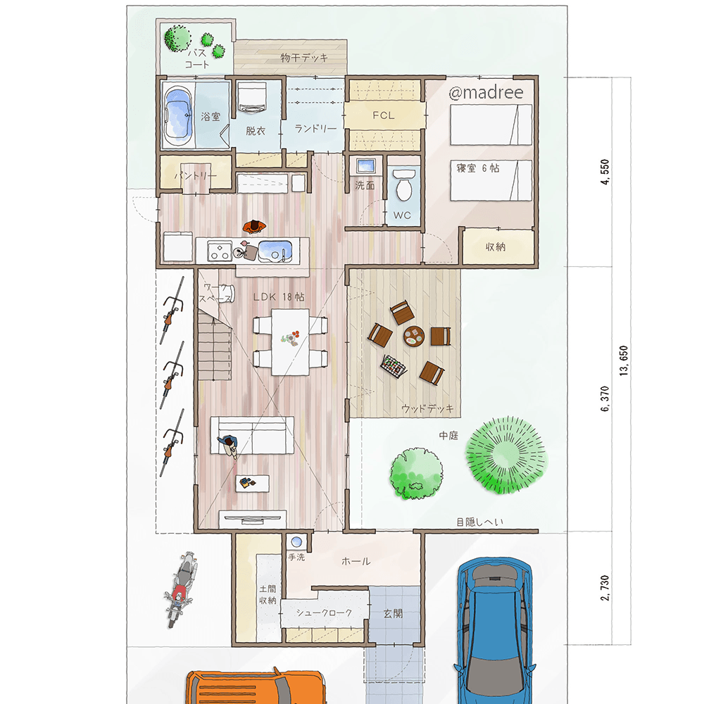 外部の視線を気にせずオープンに暮らす、北側の景色も取り込み緑豊かな家