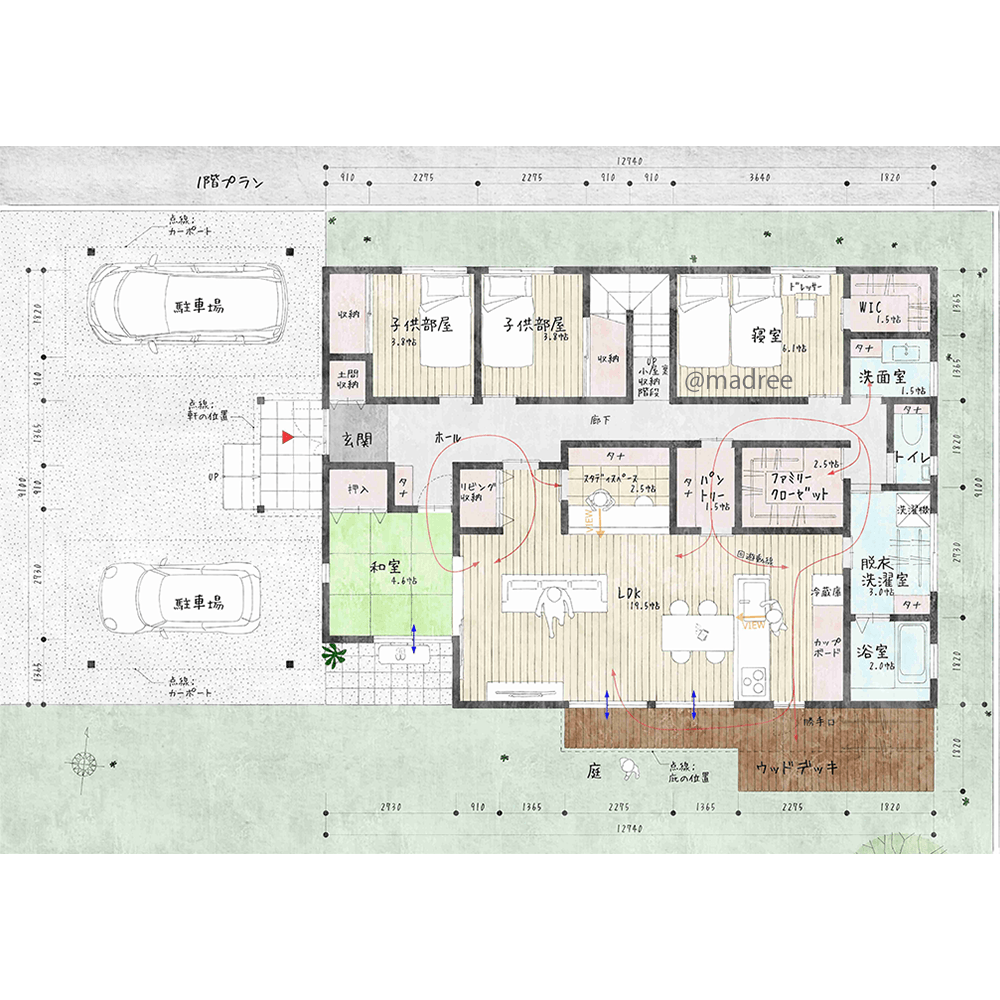 ぐるぐる動線で自由度UP、家族のプライバシーに配慮した平屋