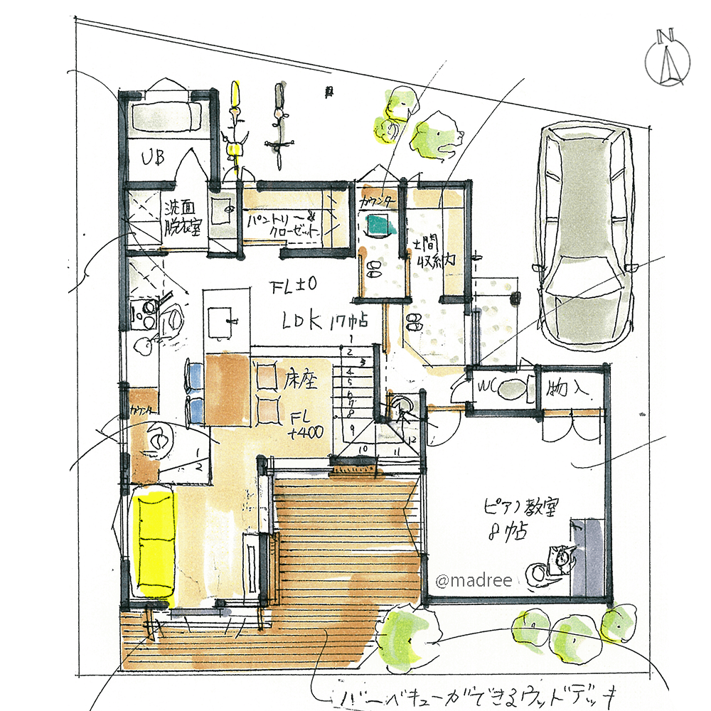 中庭からの光と風が心地よい、家族が自然と集う床座生活の家
