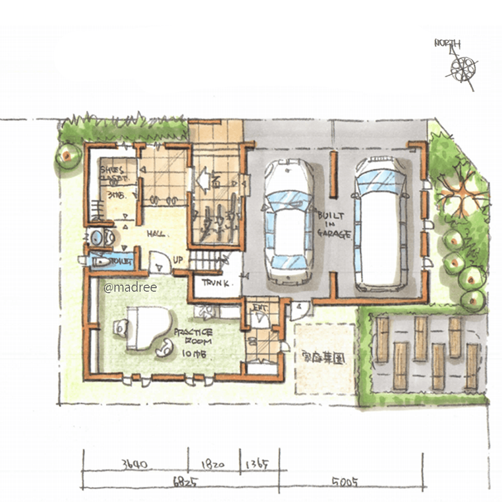 ガレージから繋がる2箇所の玄関、家族動線と混らず自宅教室へ向かう家