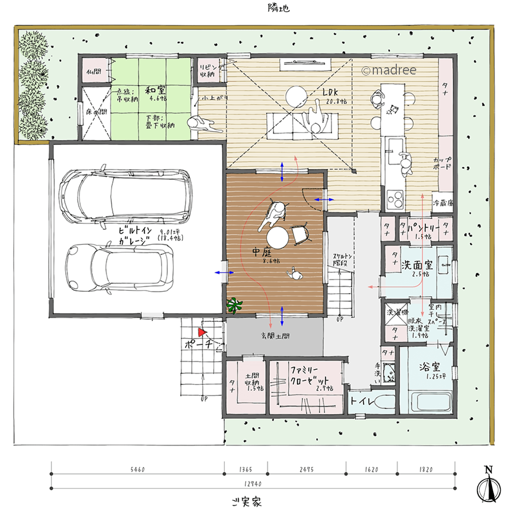 開放感とプライベートを両立、中庭と吹抜から光溢れるコの字の家