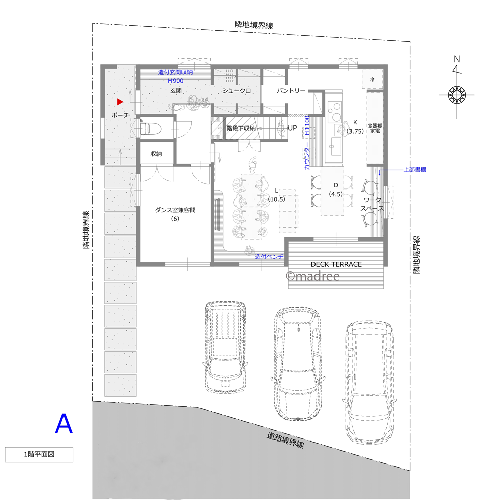 壁際ベンチで会話弾む、便利な2WAY動線の家