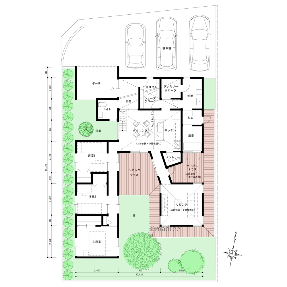 リビングは離れで特別感を、遊びのきいたユニークな平屋