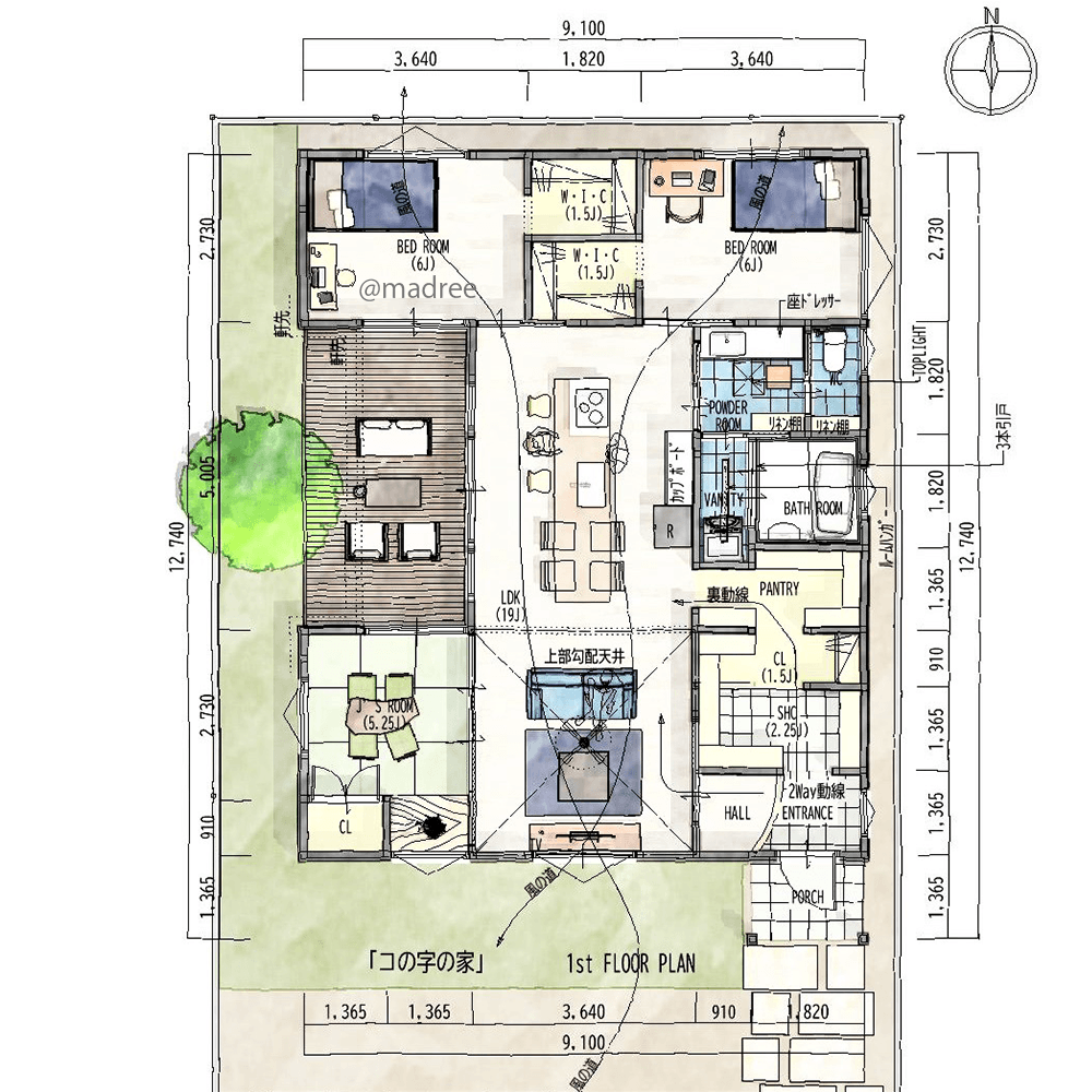 中庭デッキからの穏やかな採光、コの字で繋がる家事動線の良い平屋