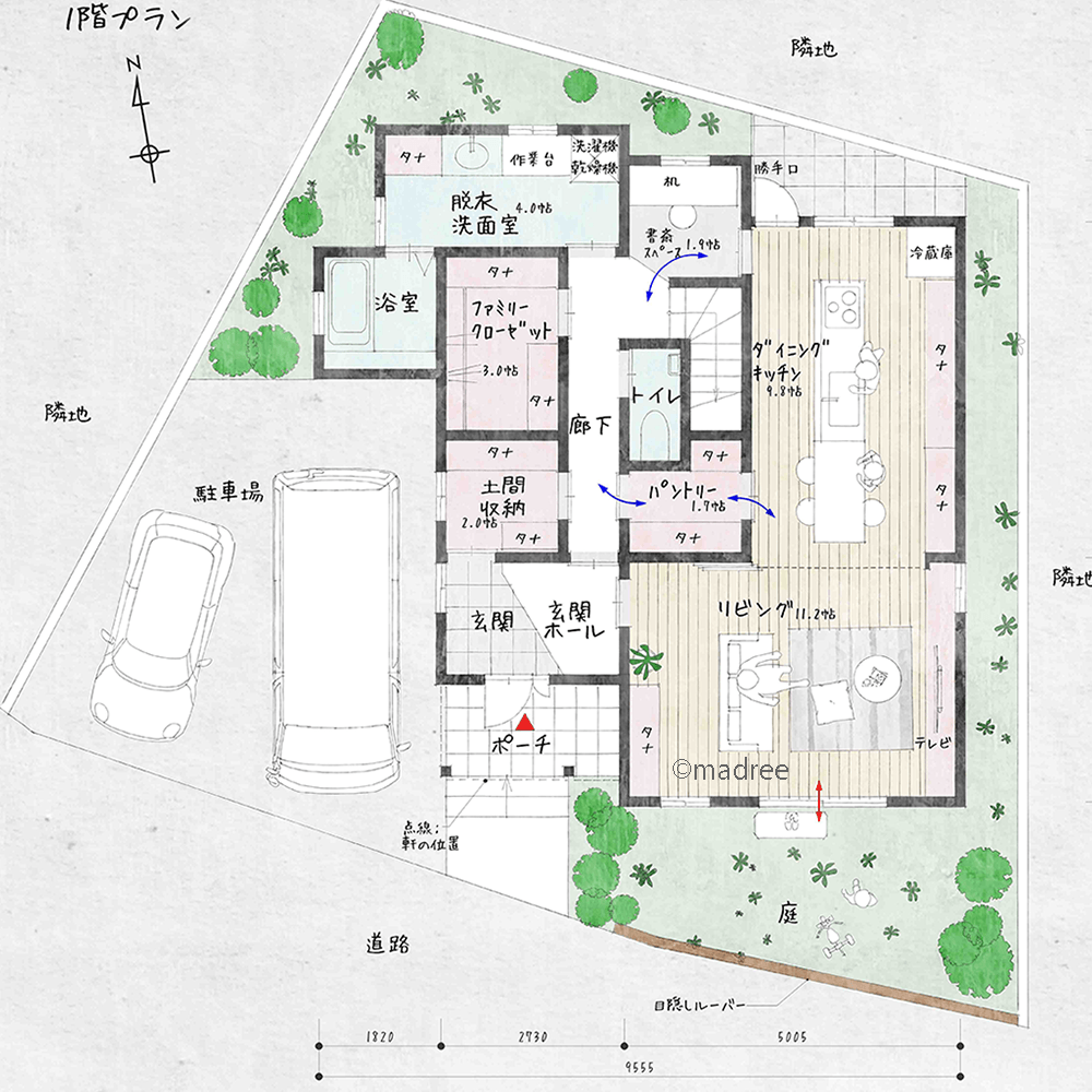 迷路のような回遊性で家事を楽しむ、時短に繋がるパトリー経由の別動線がある家