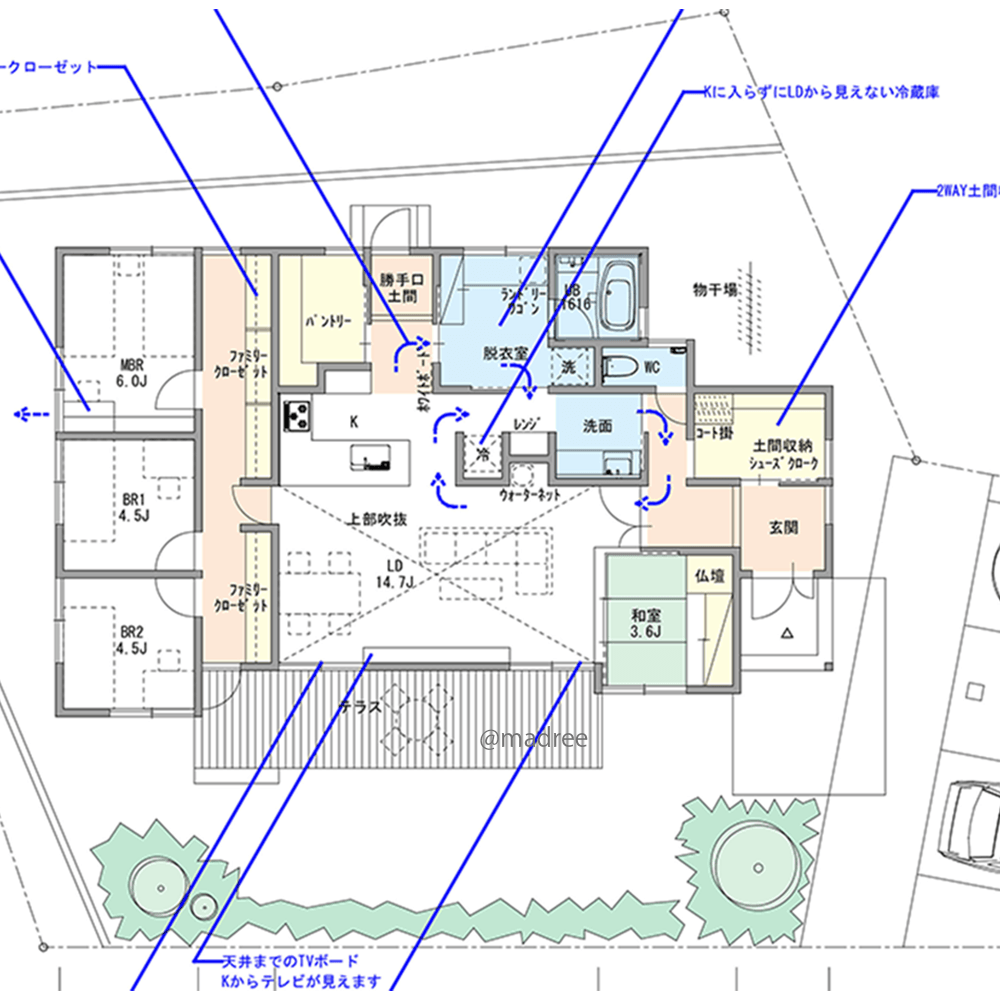 大容量ファミクロに掛ける収納、内外つながるラク家事重視の平屋