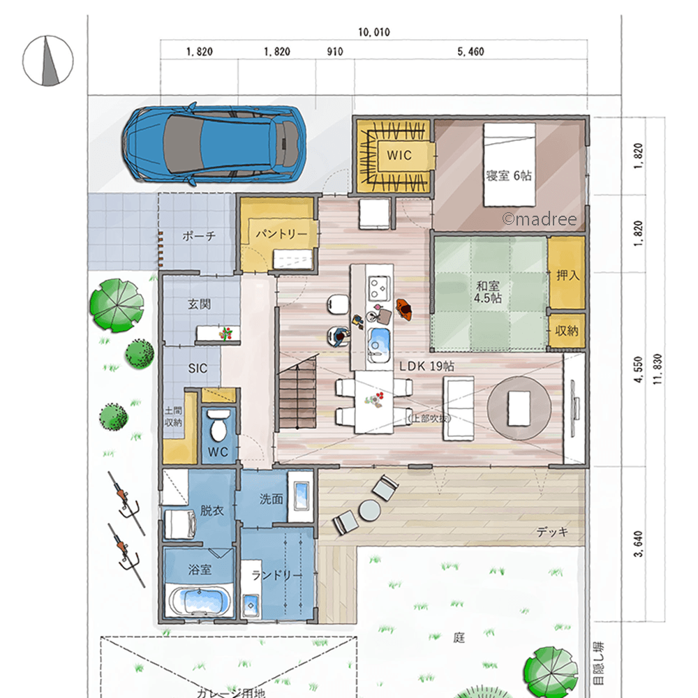 縦にも庭にも圧迫感のない開放感、L型デッキが生活を楽に繋ぐほぼ平屋暮らしの家