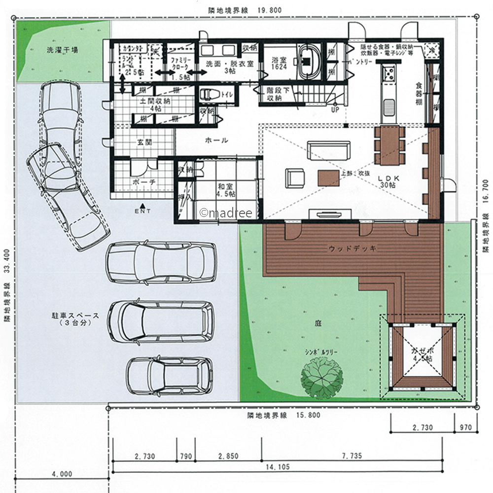 リゾートを感じるゆったり生活動線、庭のガゼボでリゾートらしさが増す家