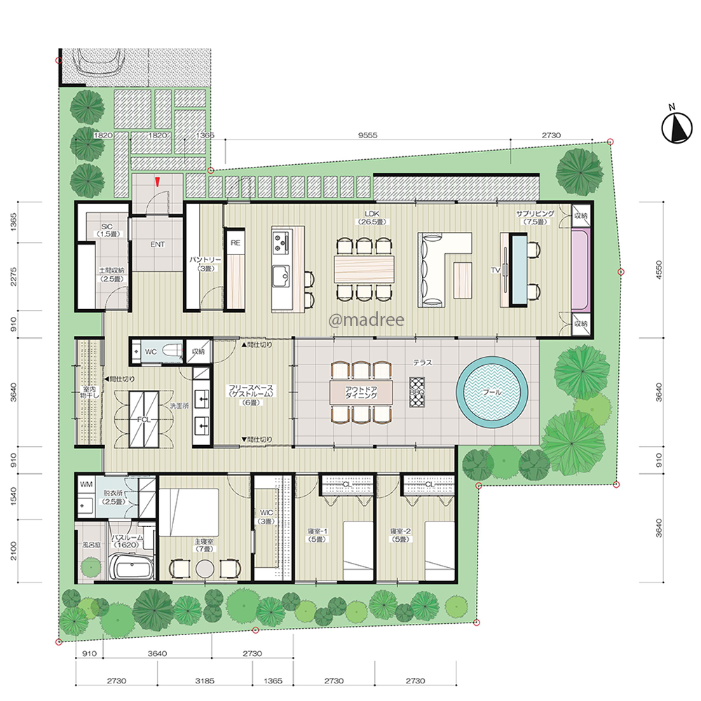 水廻り集約でラク家事実現、庭を囲んだ明るく視線の抜ける平屋