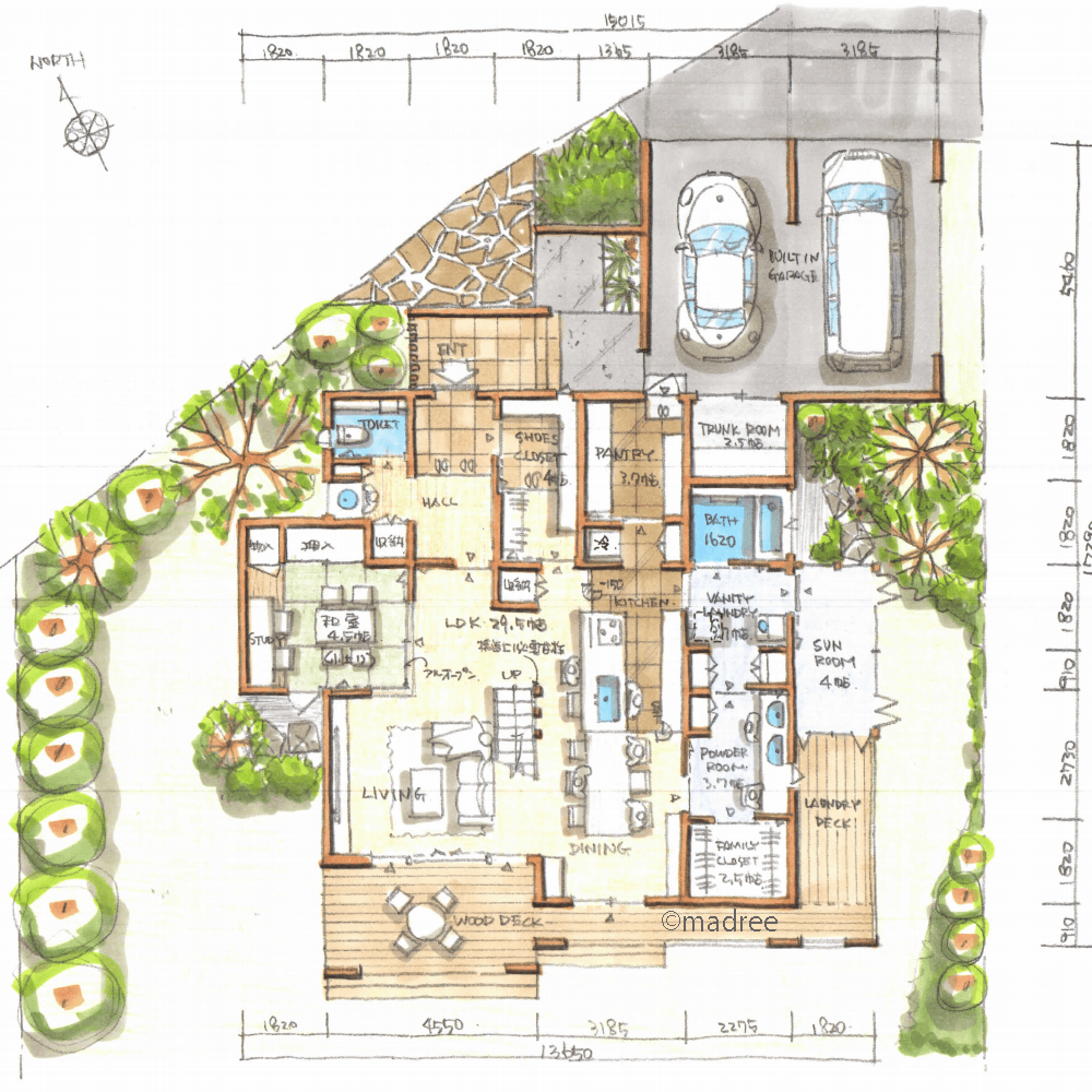 ガレージから庭まで回遊で楽らく、選択できるフレキシブルな家事動線の家