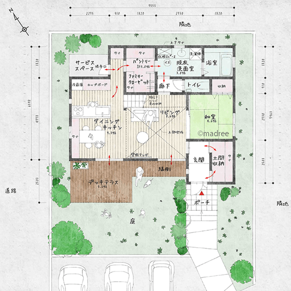リビングを中心に広がる一体的空間、回遊動線でコンパクトに生活を繋ぐ家