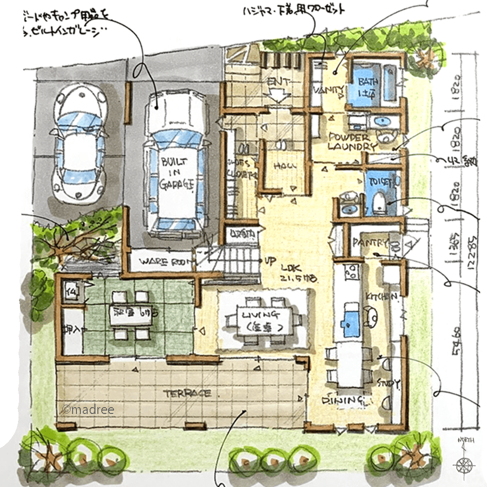 太陽の光と空気をたっぷり浴びる、緑に囲まれたアウトドア派の二世帯住宅