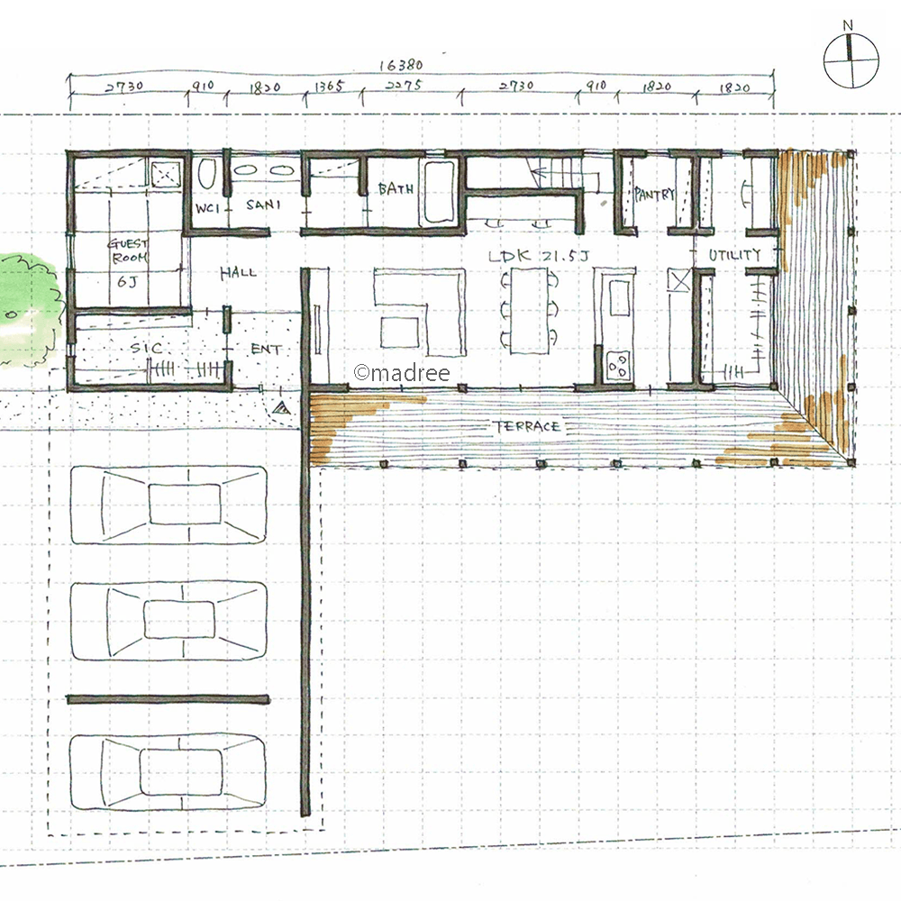 天気を気にせず楽に荷下ろし、駐車場からテラスまで広く屋根で繋がる家