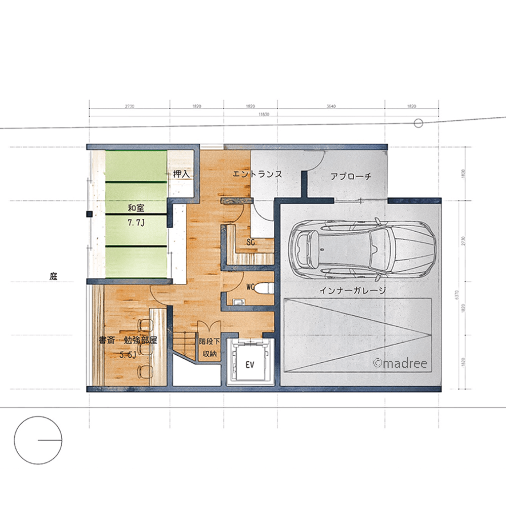 吹抜と窓越しにお互いを感じる、2階中央に半個室のコートヤードがある家