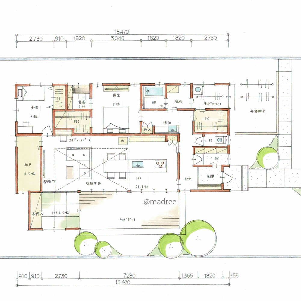 勾配天井と開口窓で開放感UP、家族を近く感じる平屋