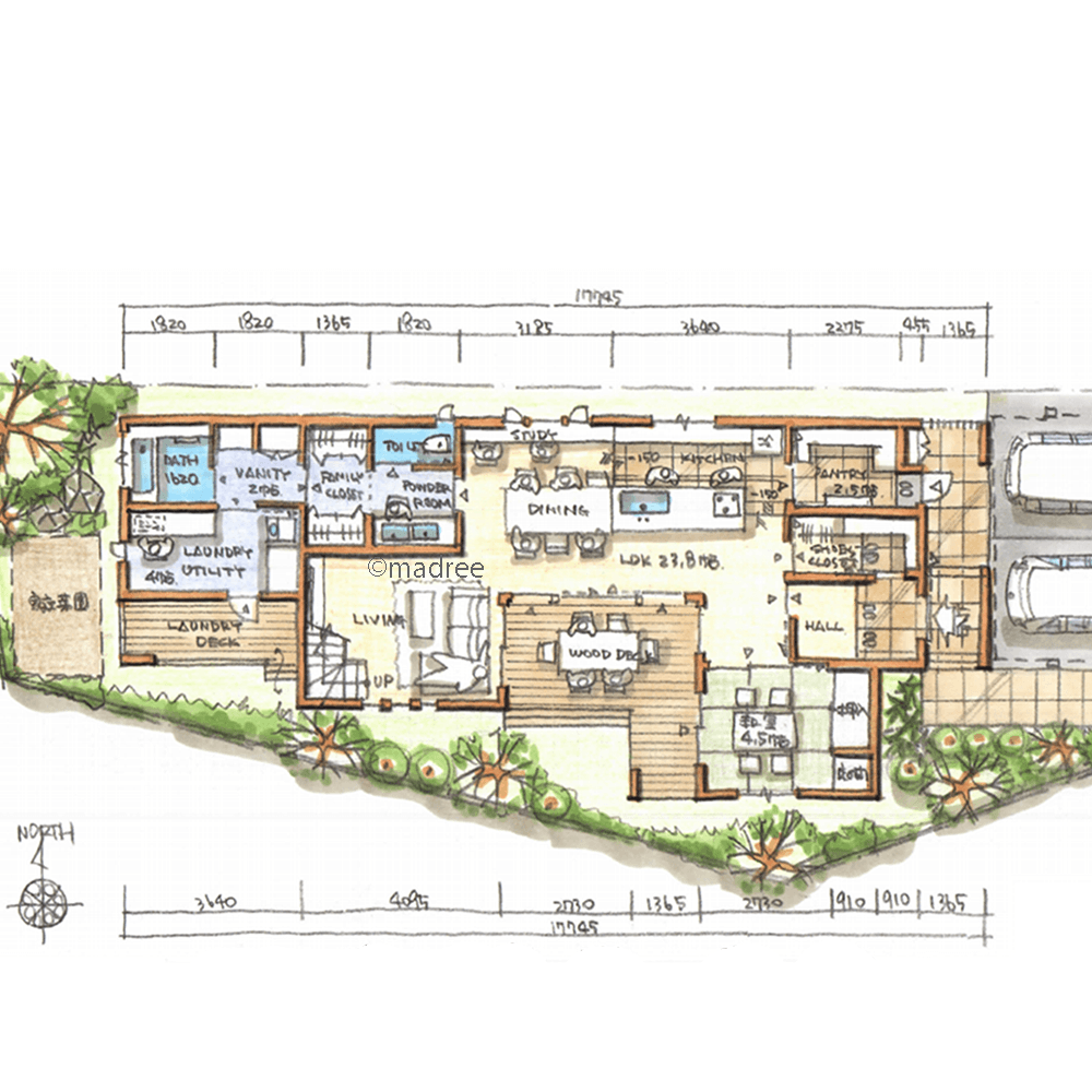 外と繋がるラク家事動線と、庭の眺望を取り込むアウトドアリビングの家