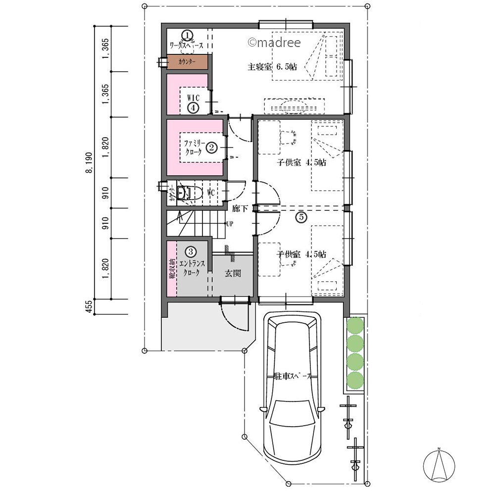 奥行きの広いキッチンからの眺望、ワンフロアで家事が楽に完結する2階LDKの家