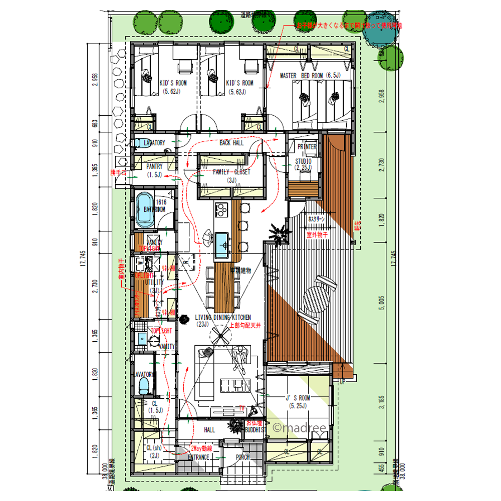 一列の水廻りで家事スムーズに、奥まった寝室で休まる平屋