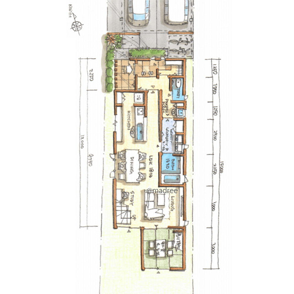 自然に水廻りへ向かう帰宅動線、子育てと家事が快適な同居予定の二世帯住宅