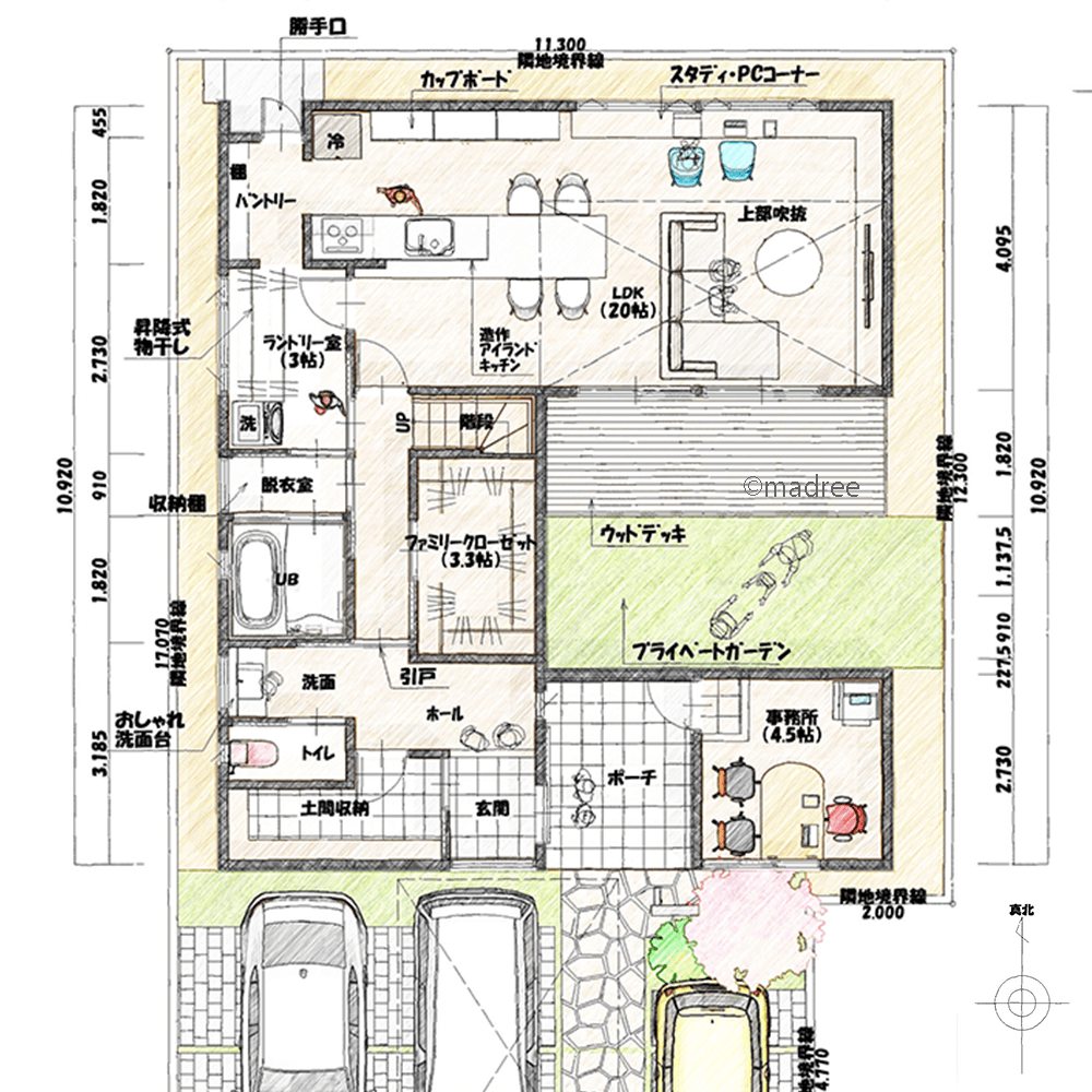プライベート空間を隔てるホール扉で、家族も来客も安心して過ごせる事務所併設の注文住宅