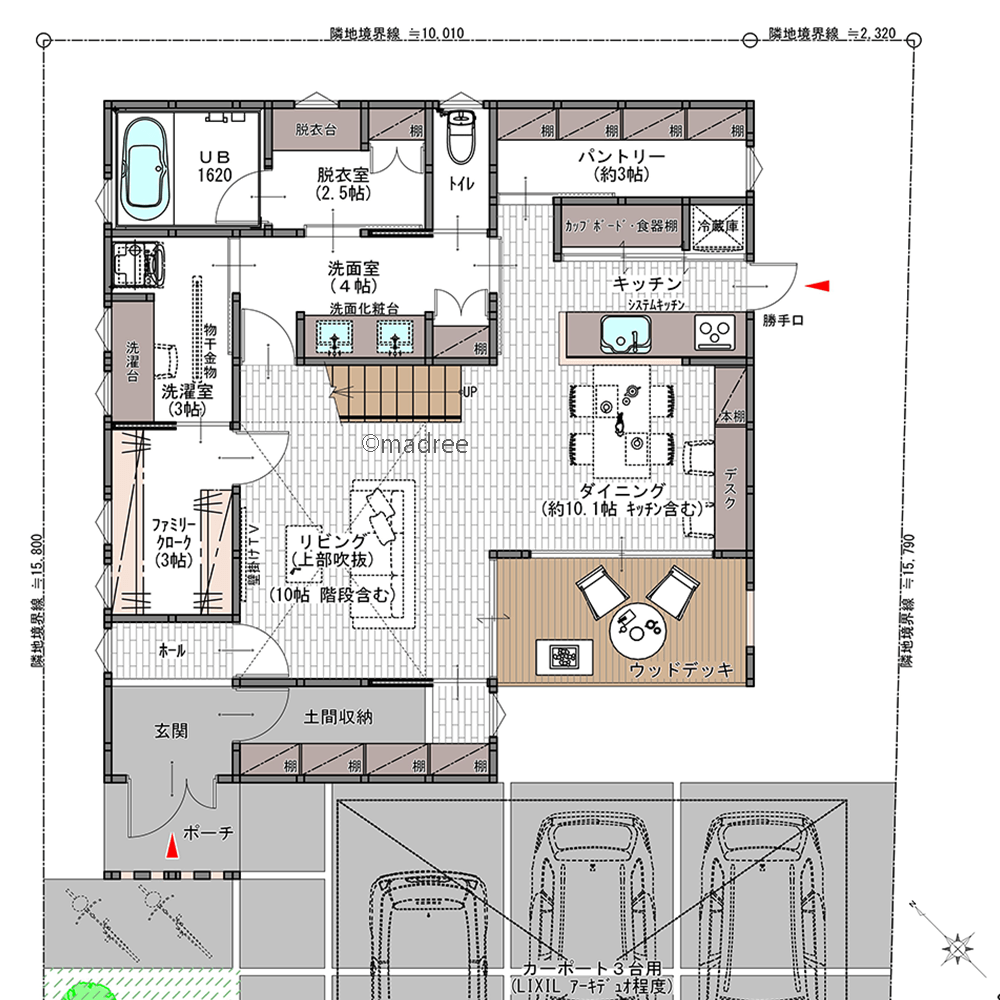 吹抜で家族感じつつ個室はプライベート重視、裏動線もきっちり整う多収納の家