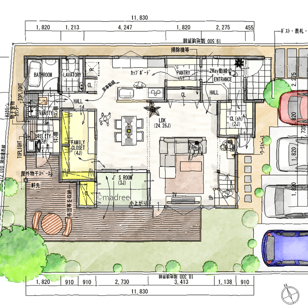 アウトドア後の汚れも気にしない、土間収納も水廻りも庭から直行で楽に片付く家