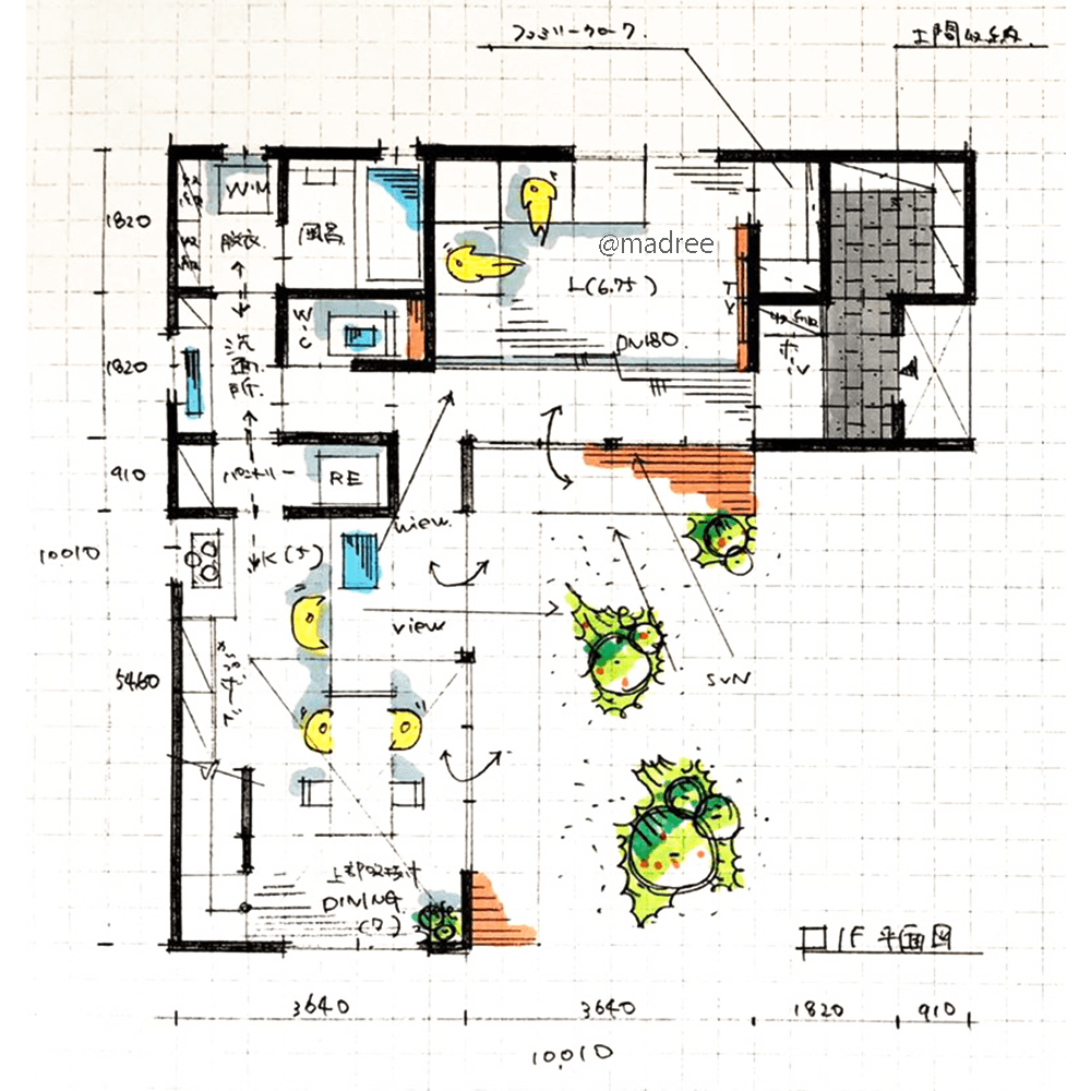 中庭の緑が映える、変形地のおしゃれなL字型の家