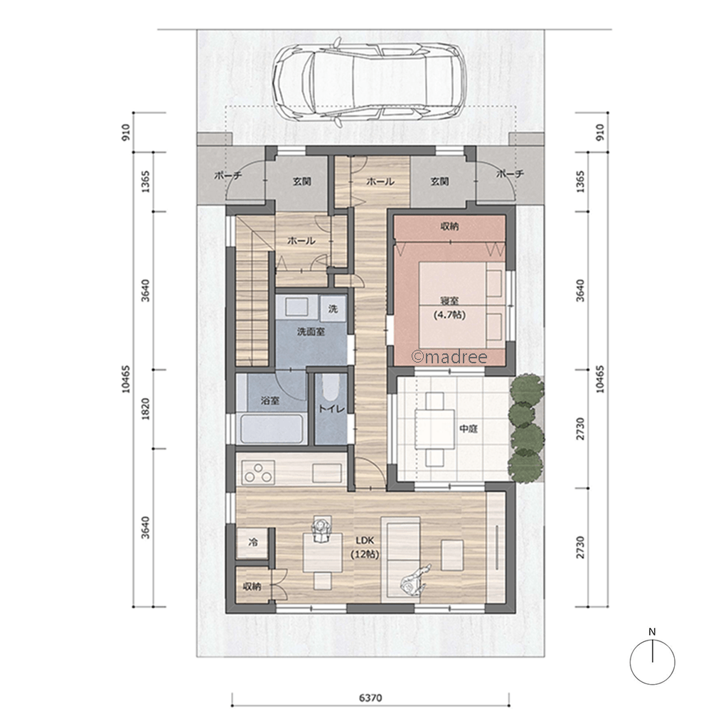 光庭テラスに面した生活空間、吹抜から各世帯の気配感じる二世帯住宅